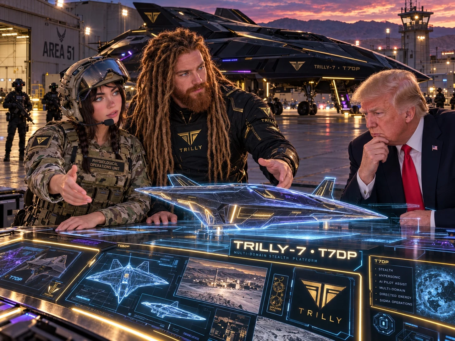 Fictional AI artwork of TRILLY and Lujan showing Donald Trump a glowing TRILLY-7 aircraft model at an imagined Area 51 briefing.